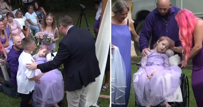 Brave little girl wheeled down the aisle by dad to marry school sweetheart days before passing away